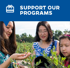 Support Our Programs button with picture of girls looking at plants